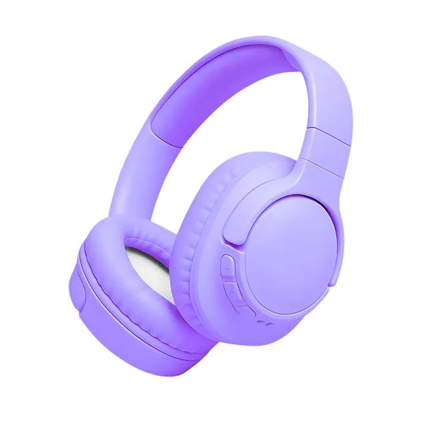 Headphone Bluetooth lilás com almofadas acolchoadas e botões na concha